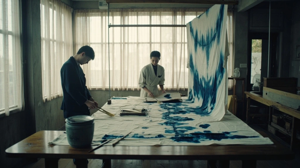 The Madonna Sugamo atelier in Tokyo, with silk in mid-dye on a stretching frame