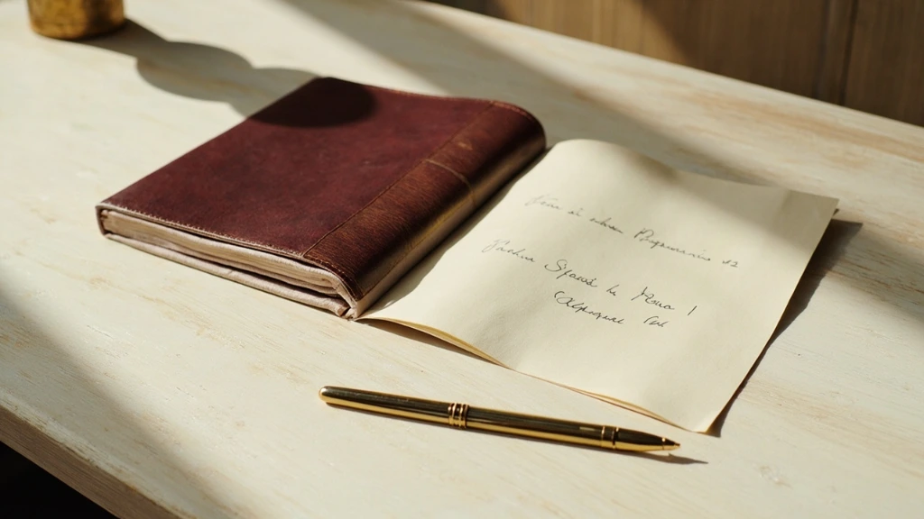 A still photograph of the atelier's leather-bound guest register resting open on a pale wood surface