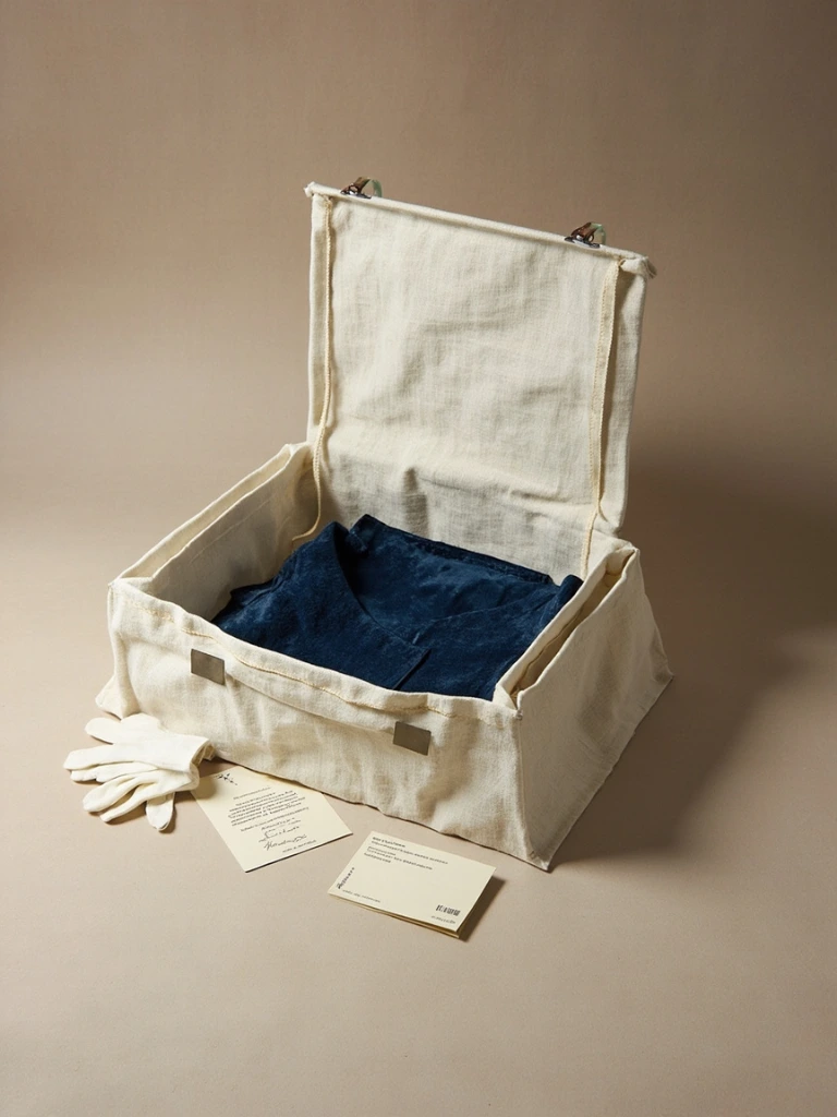 A museum-grade flight case in pale linen, opened to reveal a folded textile resting on archival tissue