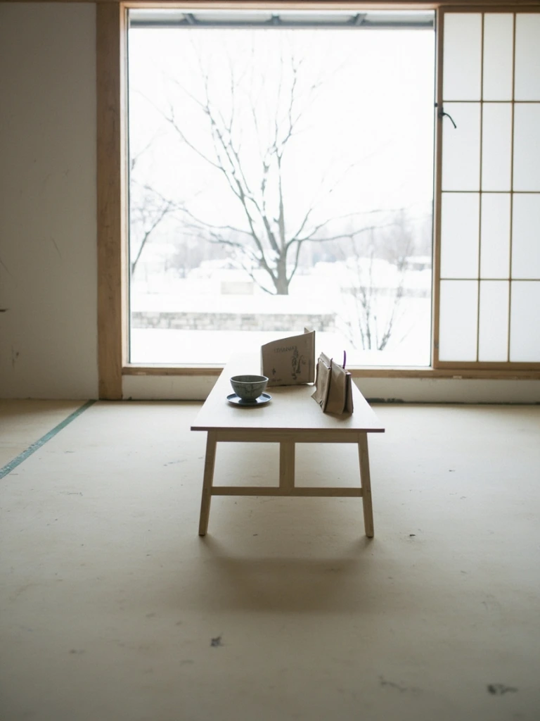 A quiet atelier interior with a single low table set before a wide window overlooking pale winter trees