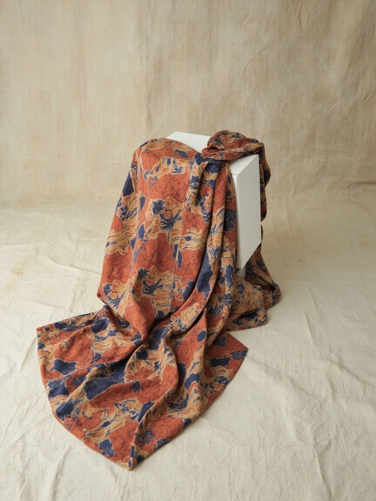 Hand-dyed Edo yuzen kimono in persimmon and indigo, photographed for the Journal
